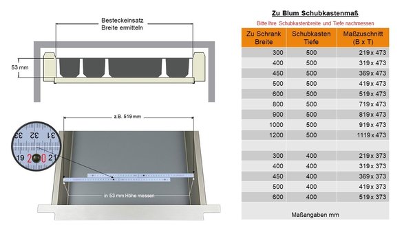 Besteckeinsatz 300 mm zu Blum Schubkastentiefe 473 mm